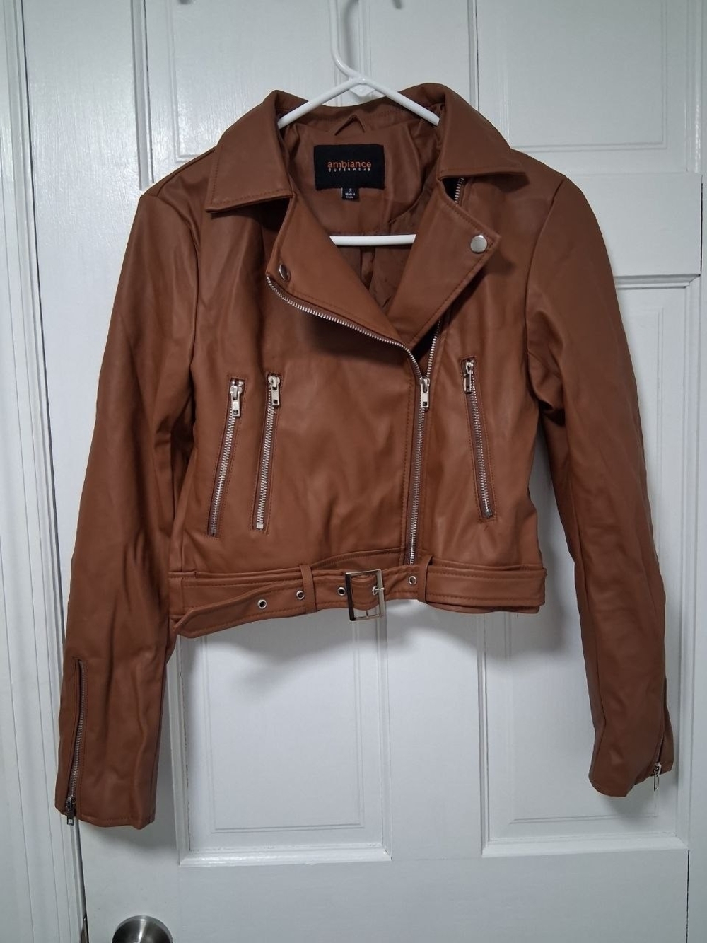 Ambiance Brown Faux-Leather Moto Jacket